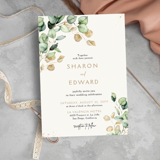 Invitation Eucalyptus Botanique Verdure & Or Mariage Photo