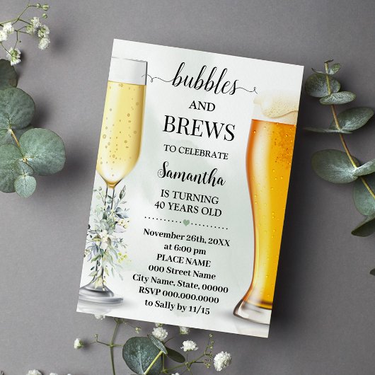 Invitation Eucalyptus Bubbles and Brews Adultes Anniversaire