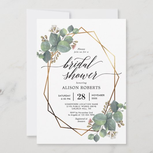 Invitation Eucalyptus cadre géométrique douche nuptiale invit (Devant)