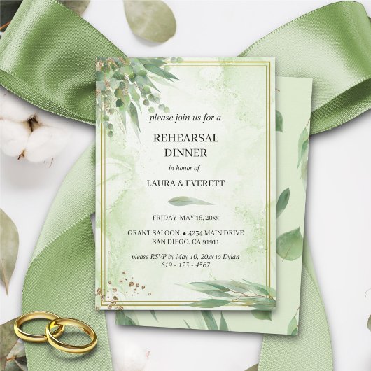 Invitation Eucalyptus Cadre Vert Or Feuillage Aquarelle