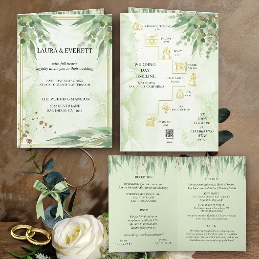 Invitation Eucalyptus Cadre Vert Or Feuillage Aquarelle