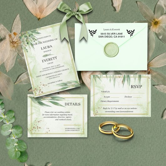 Invitation Eucalyptus Cadre Vert Or Feuillage Aquarelle