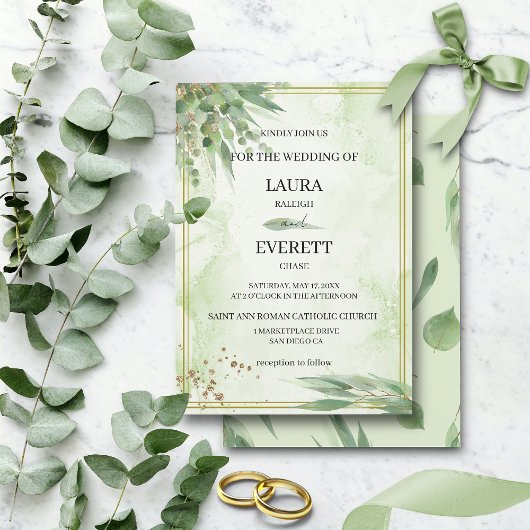 Invitation Eucalyptus Cadre Vert Or Feuillage Aquarelle