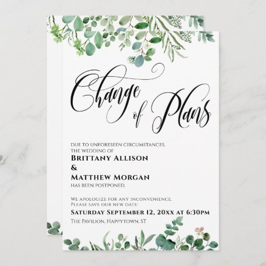 Invitation Eucalyptus Changement de plans Reporté Mariage (Devant / Derrière)