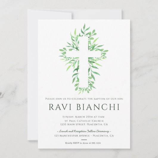 Invitation Eucalyptus Christening Vert Baptême (Devant)
