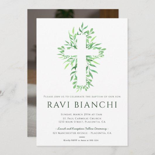 Invitation Eucalyptus Christening Vert Baptême (Devant / Derrière)
