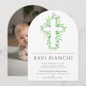 Invitation Eucalyptus Christening Vert Baptême (Devant / Derrière)