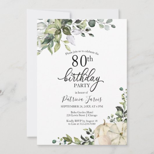 Invitation Eucalyptus Citrouille automne 80e anniversaire (Devant)