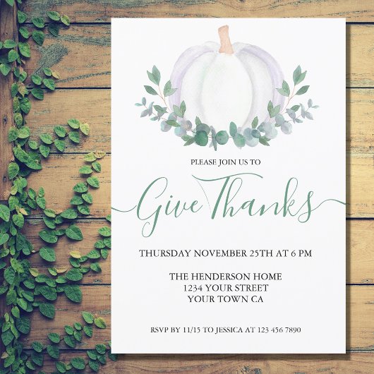 Invitation Eucalyptus Citrouille blanc vert Thanksgiving