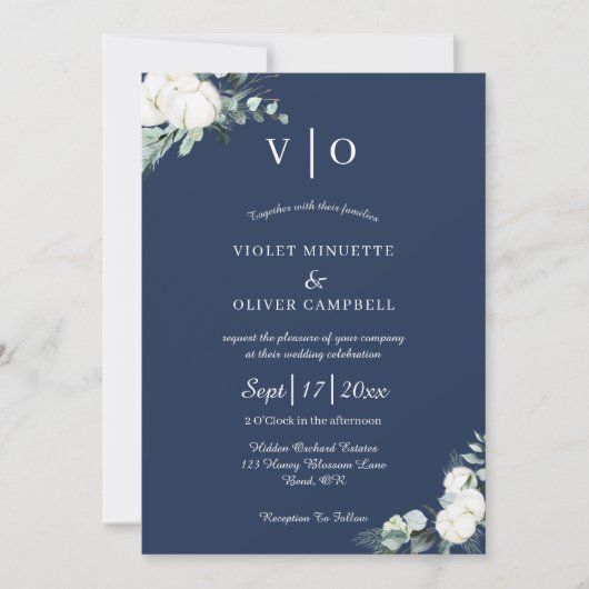 Invitation  Eucalyptus Cotton | Navy Modern Monogram Wedding (Devant)