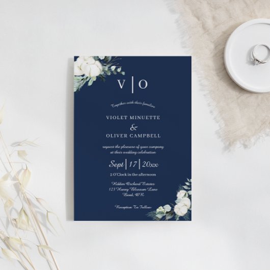 Invitation  Eucalyptus Cotton | Navy Modern Monogram Wedding