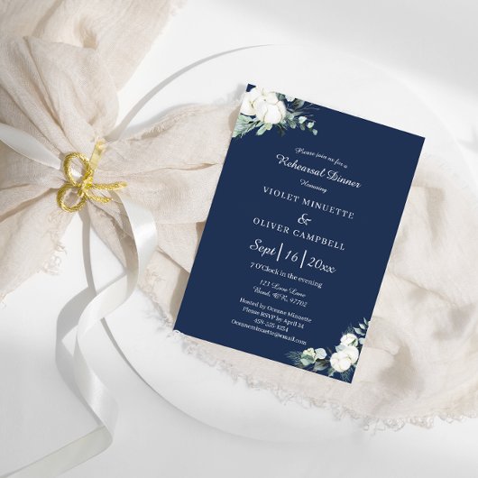 Invitation Eucalyptus Cotton Navy Moderne v2 Dîner de répétit