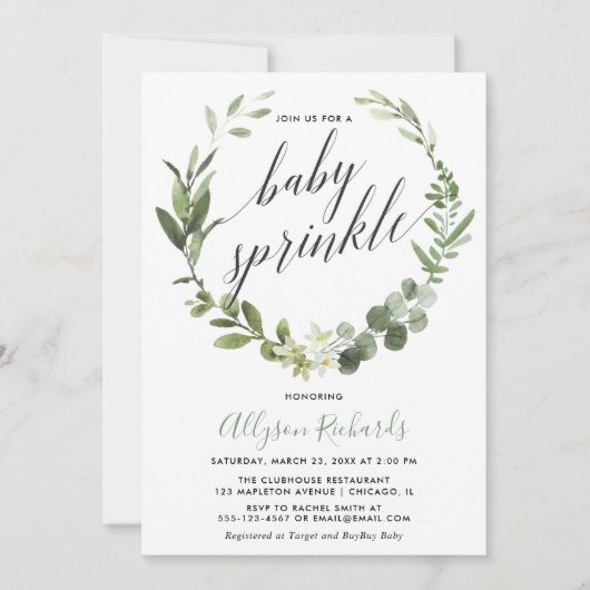 Invitation Eucalyptus couronne sexe neutre bébé aspersion (Devant)