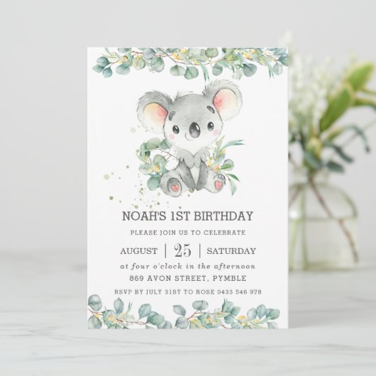 Invitation Eucalyptus Cute Koala, fête d'anniversaire (Debout devant)