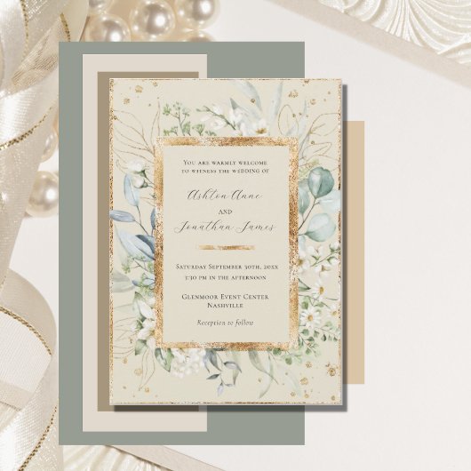 Invitation Eucalyptus Daisies Gold Crème Mariage élégant