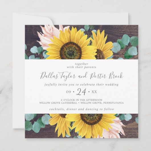 Invitation Eucalyptus de tournesol russe | Mariage Carré bois (Devant)