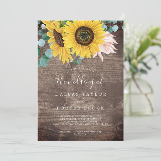 Invitation Eucalyptus de tournesol russe | Mariage en bois cl (Debout devant)