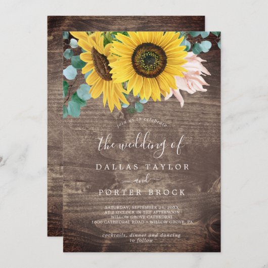 Invitation Eucalyptus de tournesol russe | Mariage en bois cl (Devant / Derrière)