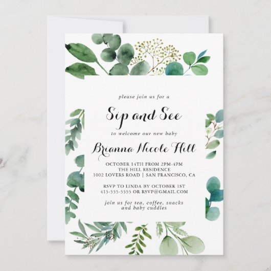 Invitation Eucalyptus de verdure Calligraphie Sip and See (Devant)