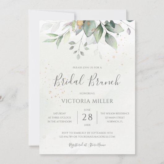 Invitation Eucalyptus de verdure feuilles dorées brunch de ma (Devant)