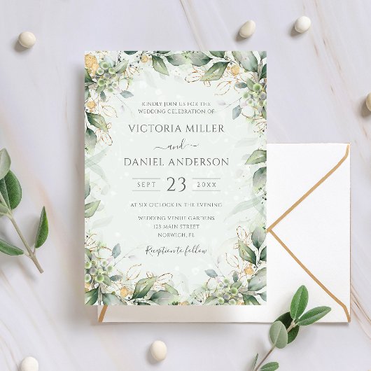 Invitation Eucalyptus de verdure feuilles dorées Mariage élég