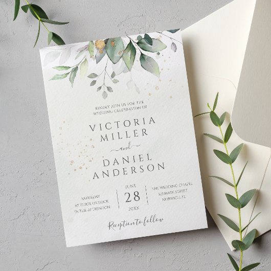 Invitation Eucalyptus de verdure feuilles dorées Mariage élég