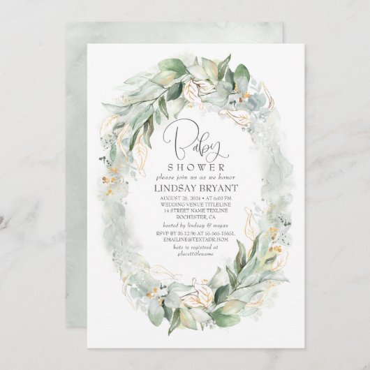 Invitation Eucalyptus d'or Baby shower Boho Wreath (Devant / Derrière)