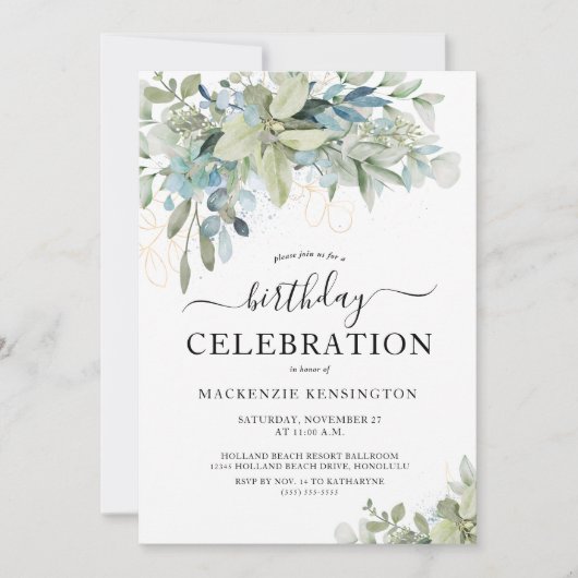 Invitation Eucalyptus Dusty Blue fête d'anniversaire (Devant)