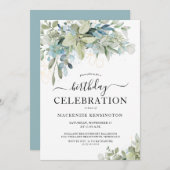 Invitation Eucalyptus Dusty Blue fête d'anniversaire (Devant / Derrière)