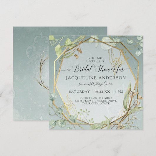 Invitation Eucalyptus Dusty Blue Gold Hexagon Fête des mariée (Devant / Derrière)