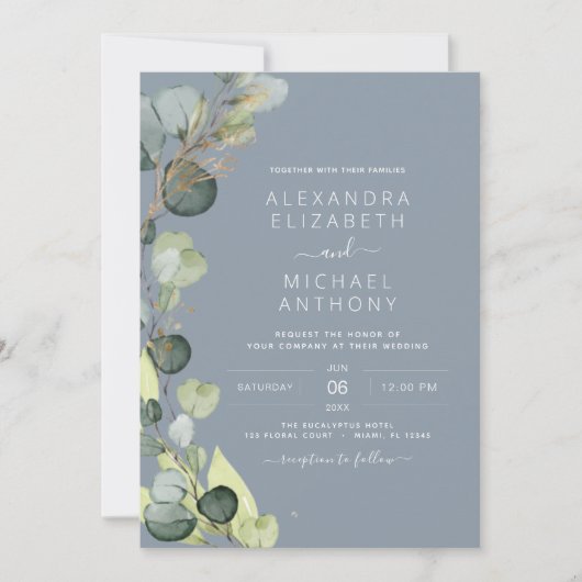 Invitation Eucalyptus Dusty Blue Sage Green Mariage or (Devant)