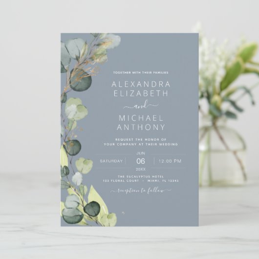Invitation Eucalyptus Dusty Blue Sage Green Mariage or (Debout devant)