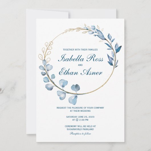 Invitation Eucalyptus Dusty mariage bleu et or (Devant)