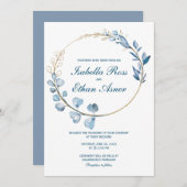 Invitation Eucalyptus Dusty mariage bleu et or (Devant / Derrière)