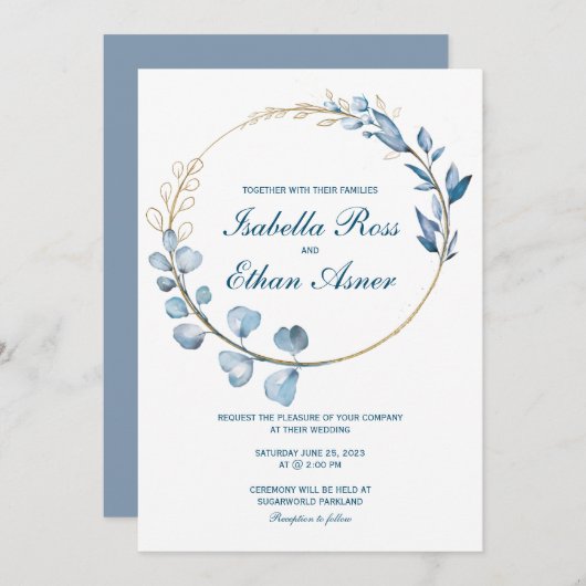 Invitation Eucalyptus Dusty mariage bleu et or (Devant / Derrière)
