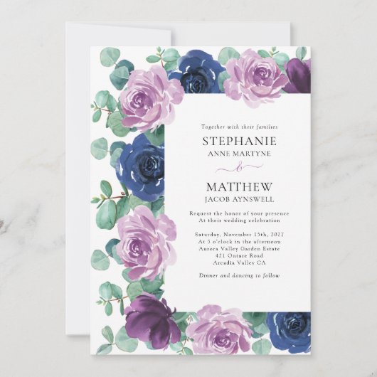Invitation Eucalyptus Dusty Mauve Mariage botanique bleu mari (Devant)