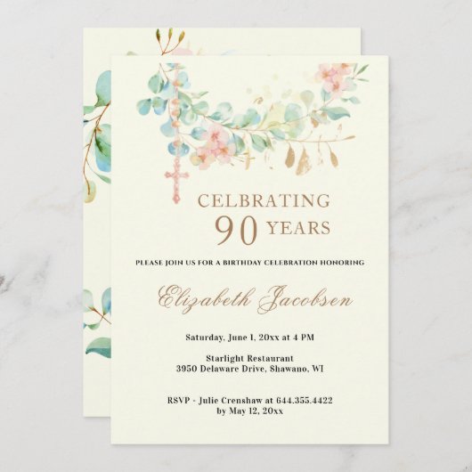 Invitation Eucalyptus Ecriture d'anniversaire religieuse Rosa (Devant / Derrière)