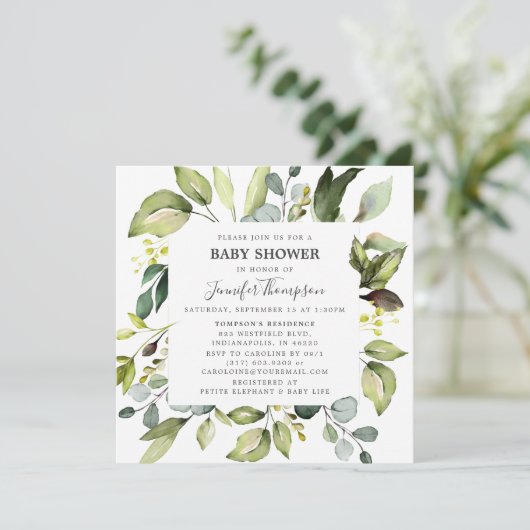 Invitation Eucalyptus élégant avec Baby shower verdoyant (Debout devant)