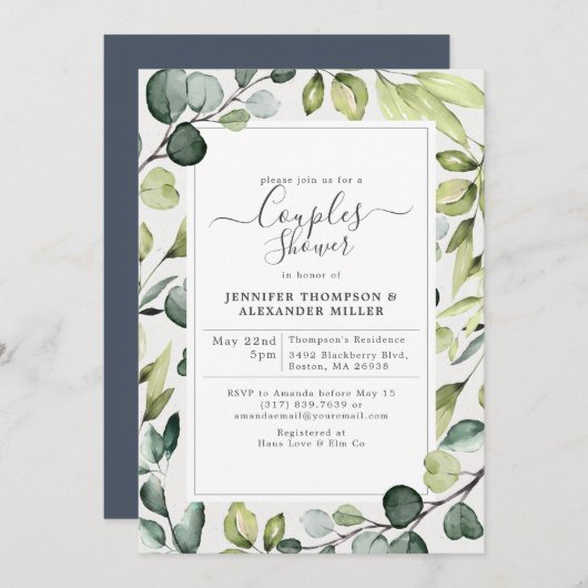 Invitation Eucalyptus Élégant Avec Couples Verdoyants Douche (Devant / Derrière)