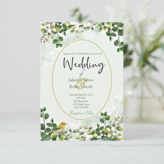 Invitation Eucalyptus élégant en vert et or mariage Invit (Debout devant)