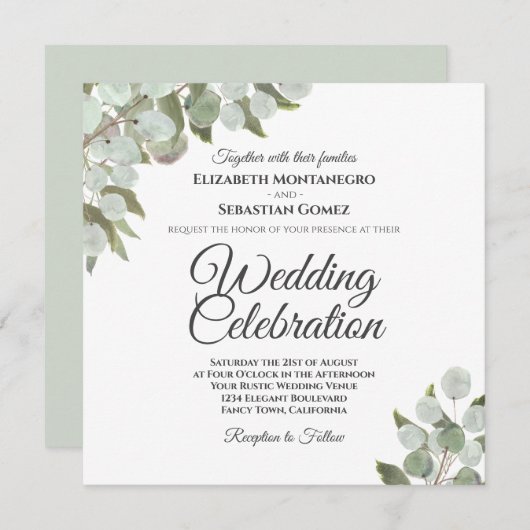 Invitation Eucalyptus Elégant mariage (Devant / Derrière)