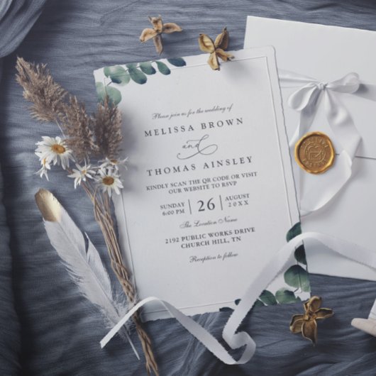 Invitation Eucalyptus Elegant Modern Rustic QR Code Wedding