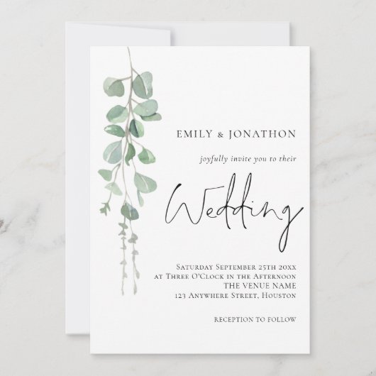 Invitation Eucalyptus Elegant script Sage Wedding (Devant)