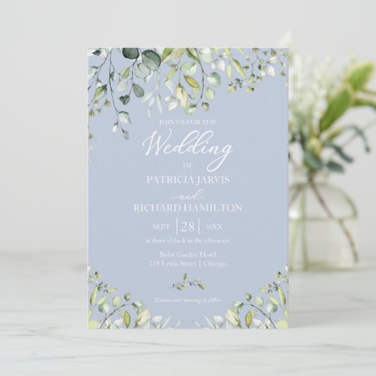 Invitation Eucalyptus Elégant Vert Mariage Dusty Bleu (Debout devant)