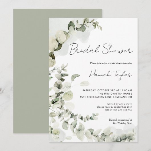 Invitation Eucalyptus Elégante Fête des mariées moderne (Devant / Derrière)