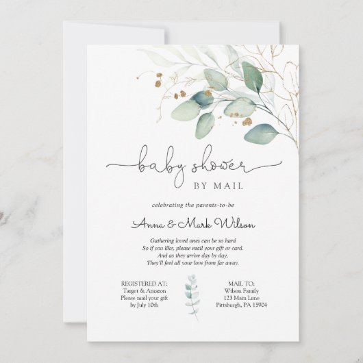 Invitation Eucalyptus et Baby shower d'or par courrier (Devant)