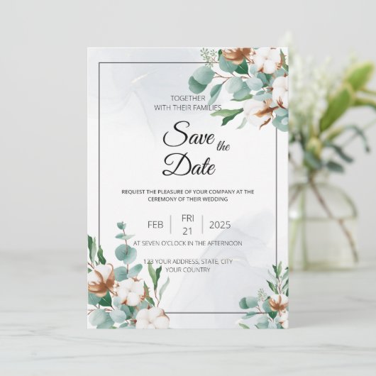 Invitation Eucalyptus et coton Bliss (Debout devant)