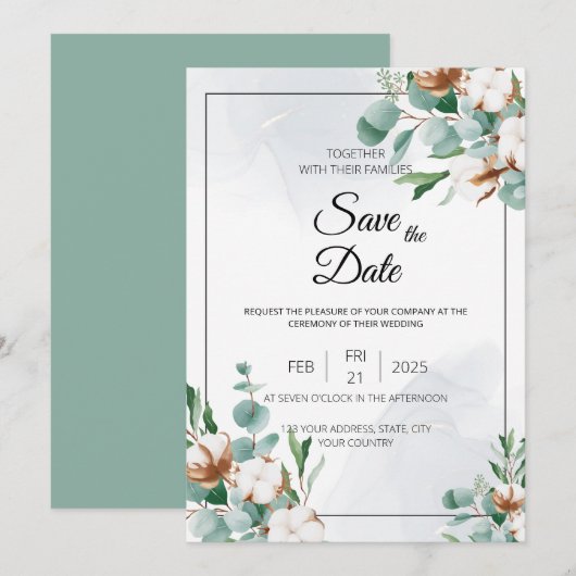 Invitation Eucalyptus et Coton Bliss (Devant / Derrière)