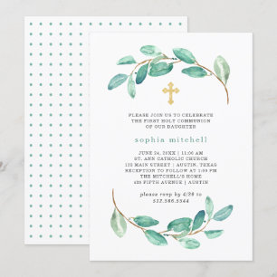 Invitation Eucalyptus et Croix d'or Première sainte communi