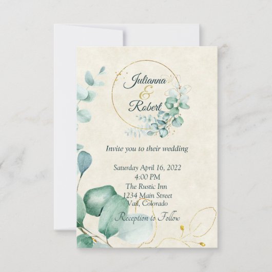 Invitation Eucalyptus et mariage du budget de l'or (Devant)